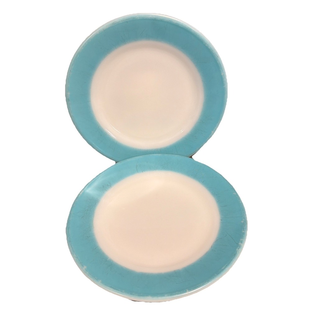 Vtg Pyrex Double Tough 6.75" Bread Dessert Plates Set Of 2 Aqua Rim Made In USA‎